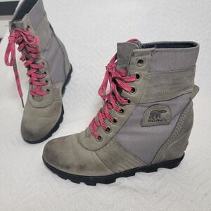 Sorel Lexie Hidden Wedge Ankle‎ Combat Boot Waterproof Quarry Leather Size 9.5